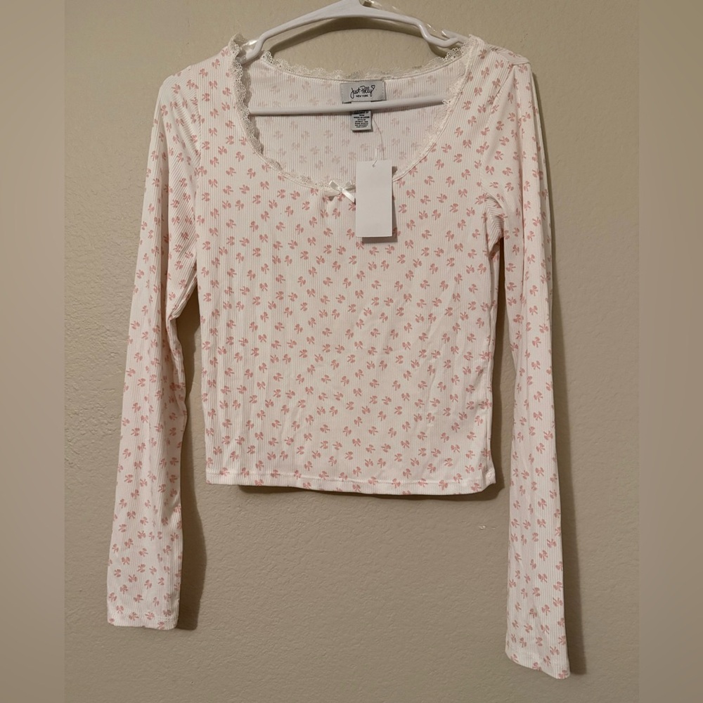 Just Polly Cream Long Sleeve Scoop Neck Top with Pink Floral